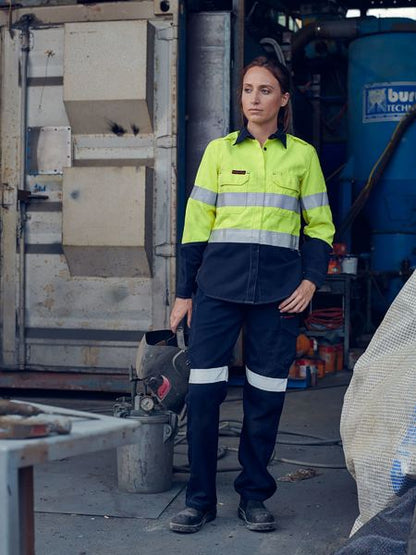 Bisley Womens Tencate Tecasafe Plus Taped Two Tone Hi Vis Fr Closed Front Shirt With Concealed Front Placket- Long Sleeve (BLC8075T)-Clearance