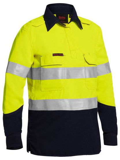 Bisley Womens Tencate Tecasafe Plus Taped Two Tone Hi Vis Fr Closed Front Shirt With Concealed Front Placket- Long Sleeve (BLC8075T)